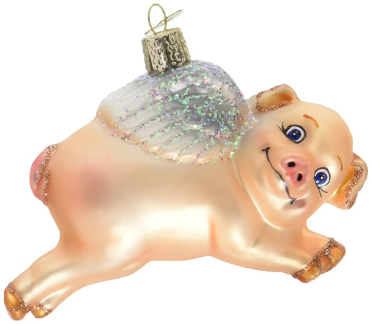 Old World Christmas Flying Pig Glass Ornament glittery white body with hanging loop on Tampa Home & Garden Store