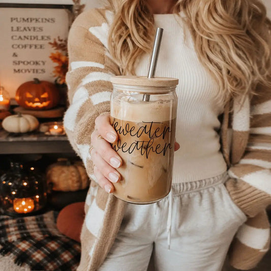 Sweater Weather 17oz glass travel mug with bamboo lid Gia Roma drinkware latte beige on Tampa Home & Garden Store
