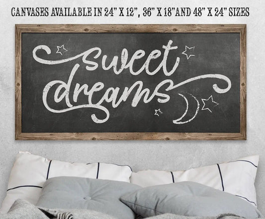 Sweet Dreams canvas wall art on a wood frame with chalkboard design for bedroom decor on Tampa Home & Garden Store