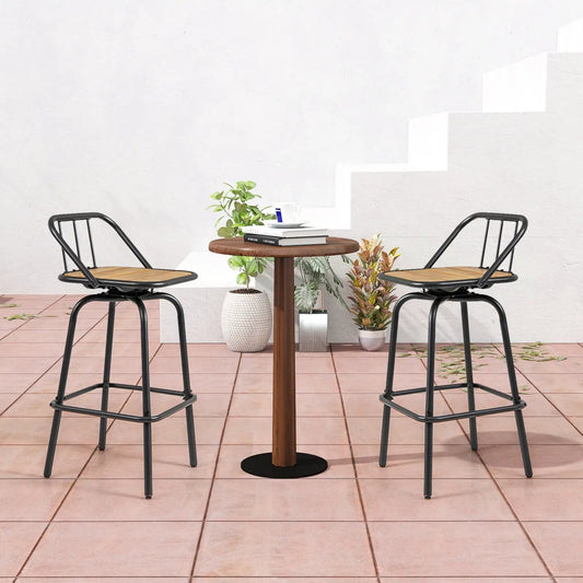 360° swivel bar stools set of 2 with footrests, black metal frames and wooden seats, outdoor patio scene on Tampa Home & Garden Store