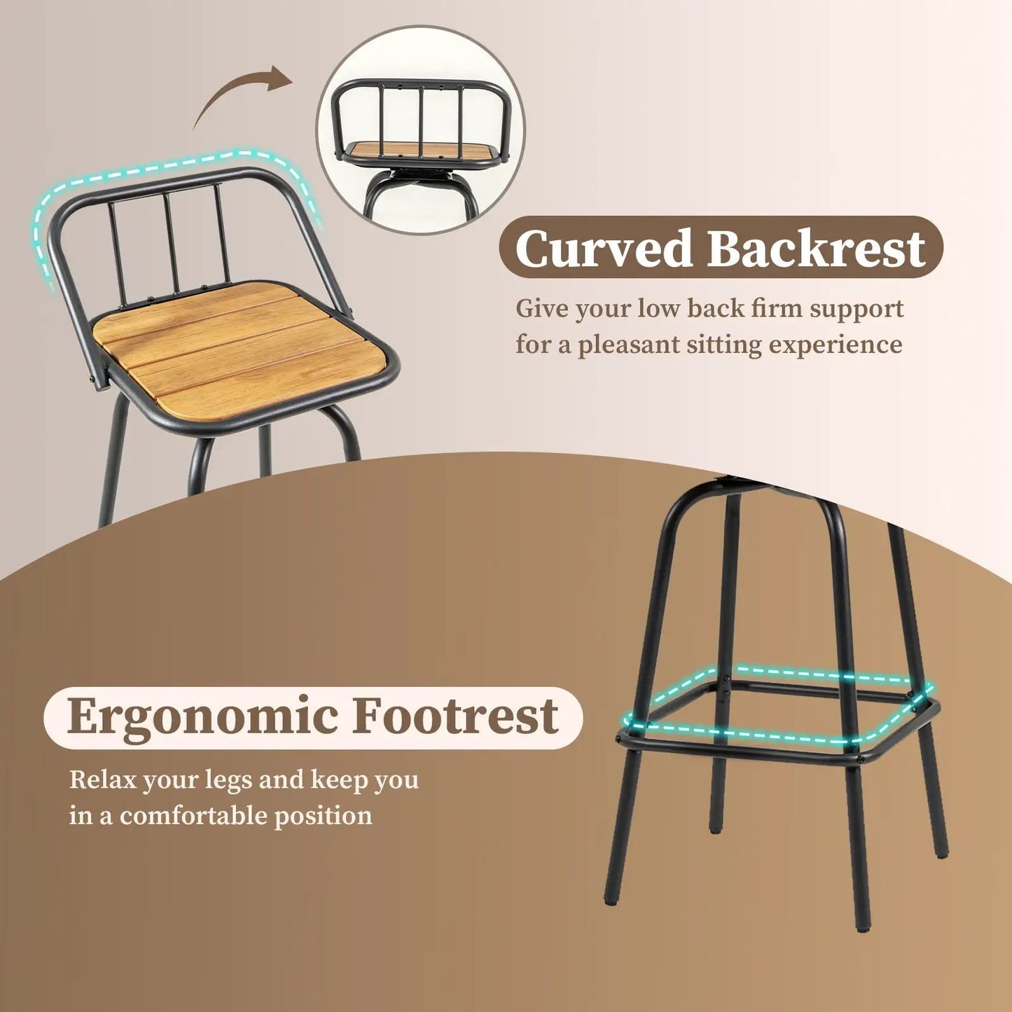 360° swivel bar stool set of 2 with natural wood seat and black metal frame on Tampa Home & Garden Store