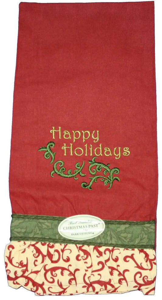 Dish towel Christmas Past red with gold Happy Holidays embroidery and green ribbon Park Designs on Tampa Home & Garden Store