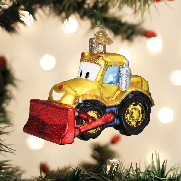 Bright Eyed Bulldozer Glass Ornament yellow with red plow on Tampa Home & Garden Store