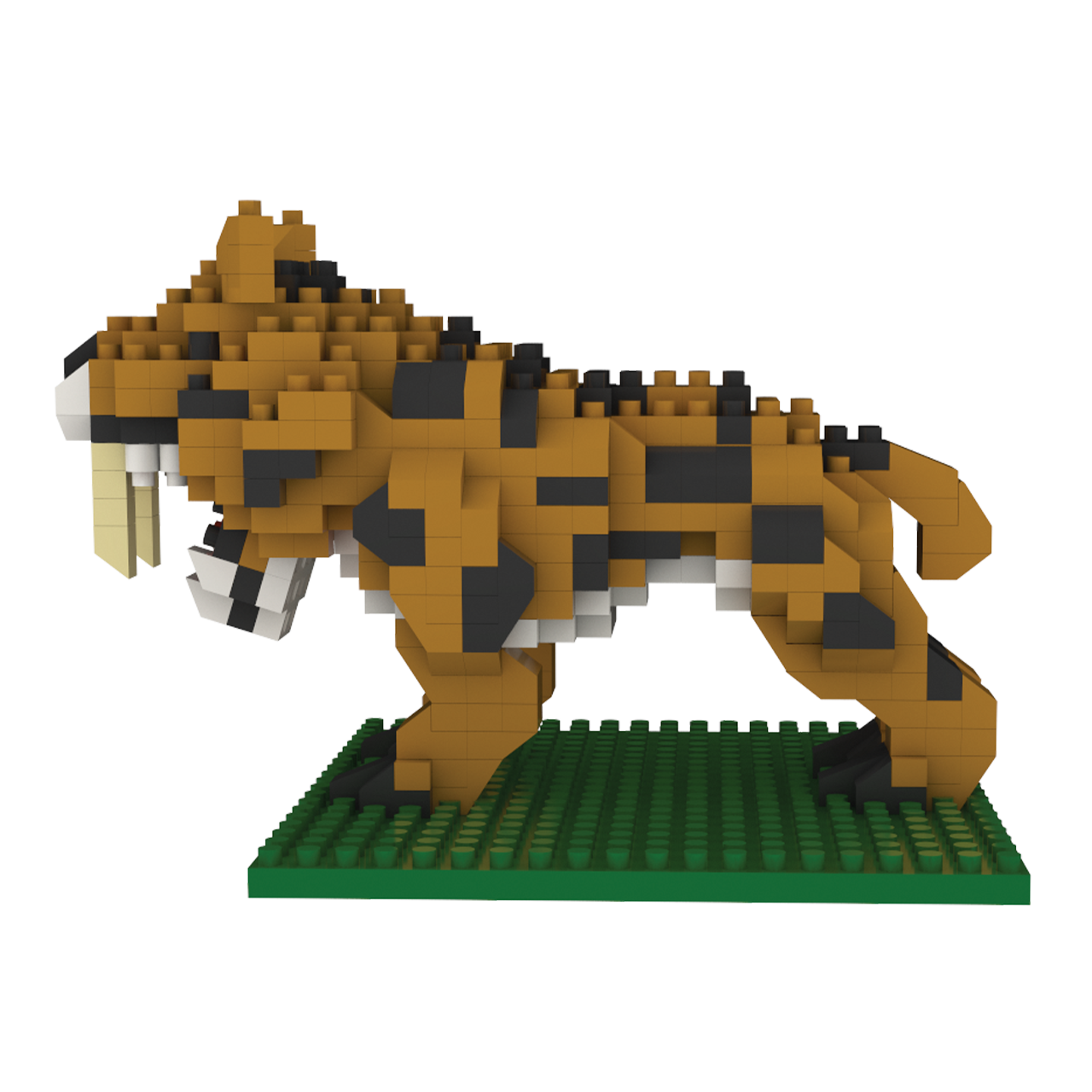 Mini Building Blocks Sabre-Tooth Cat Set built from brown, black, and tan bricks on a green baseplate on Tampa Home & Garden Store