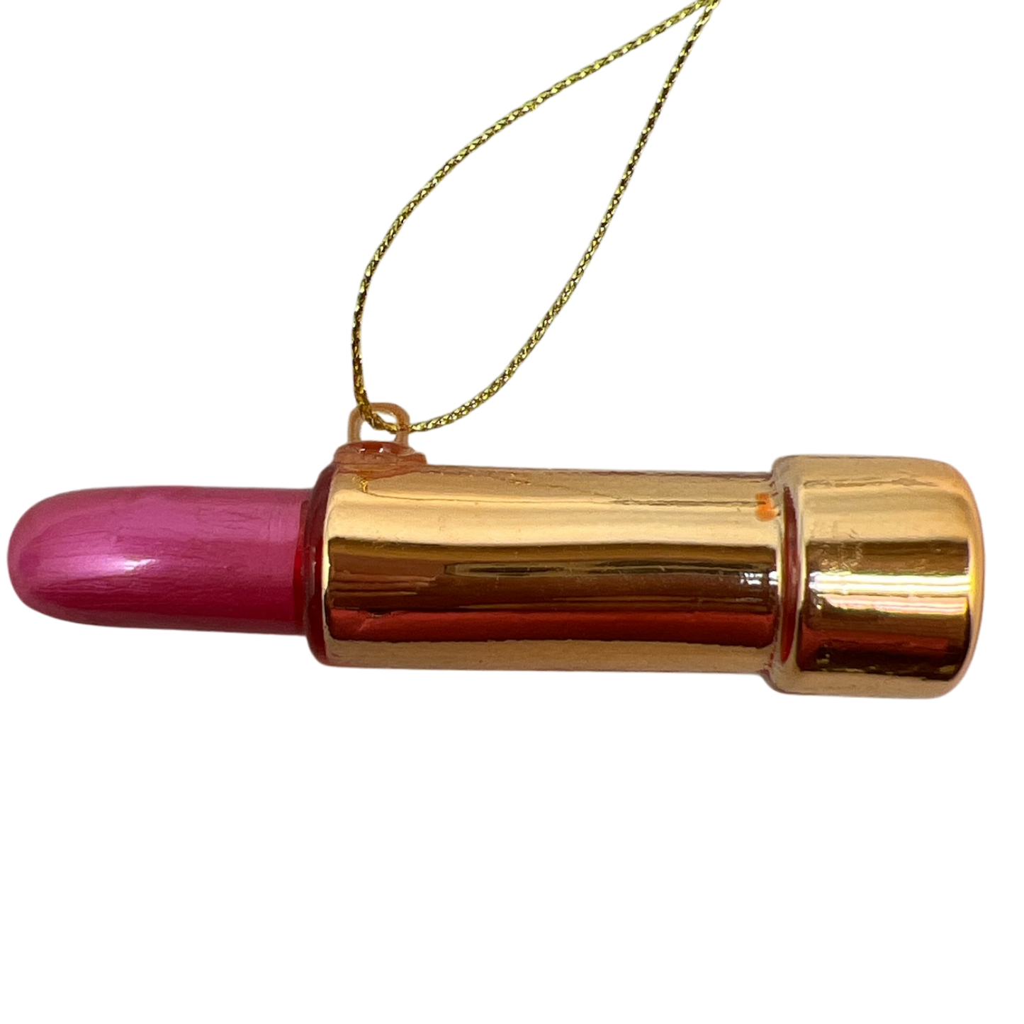 Lipstick ornament featuring pink lipstick with a gold tube and a hanging string on Tampa Home & Garden Store