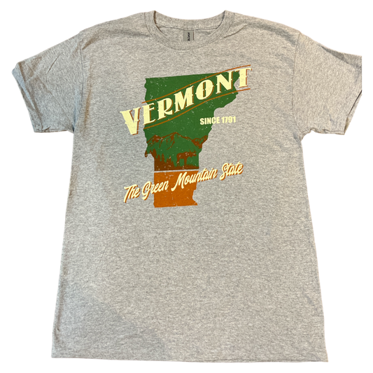Vermont Green Mountain State T Shirt on heather gray tee with vintage Vermont silhouette on Tampa Home & Garden Store