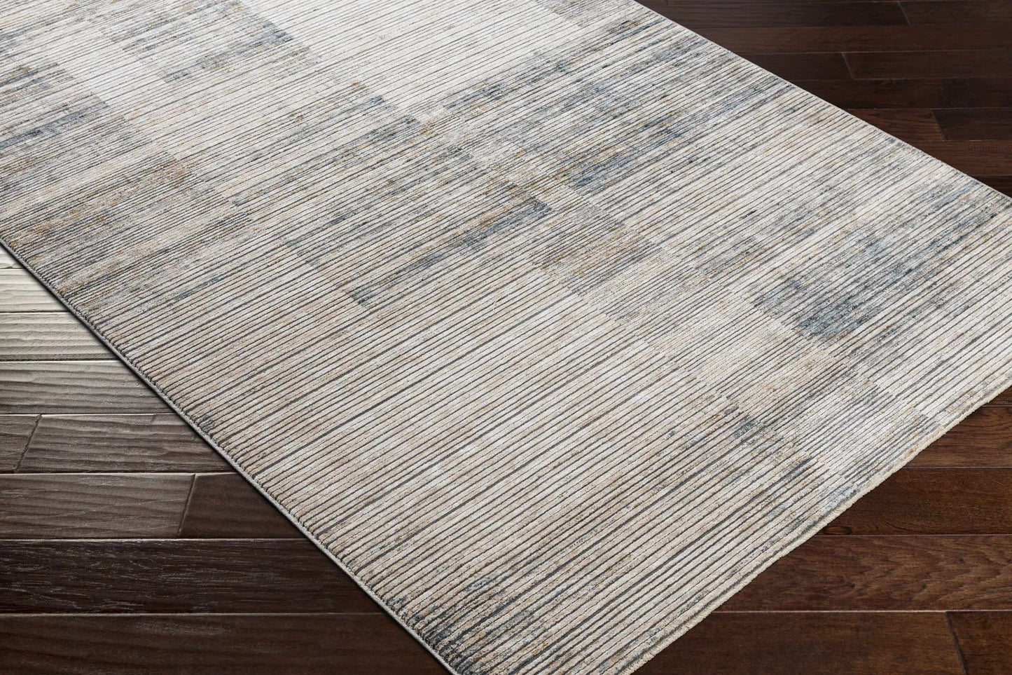 Sywell Luxe Fringe Rug Charcoal Beige with blue-gray stripes Boutique Rugs on Tampa Home & Garden Store
