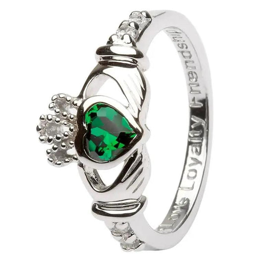 Claddagh May Emerald Birthstone Ring in silver-tone with emerald heart centerpiece on Tampa Home & Garden Store