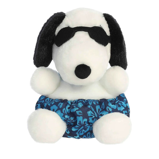 Snoopy Surfer Palm Pal plush with sunglasses, white body, black ears, blue floral shorts on Tampa Home & Garden Store