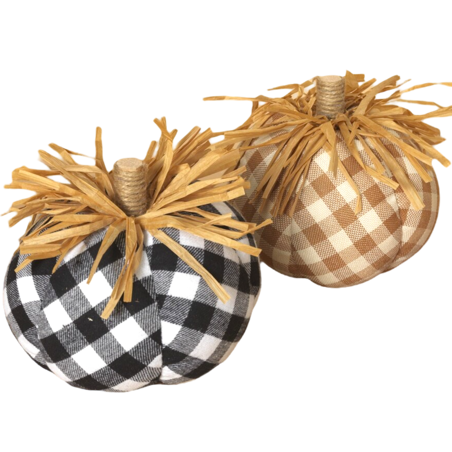 Buffalo check plush pumpkins set of 2 in black/white and tan plaid with raffia stems on Tampa Home & Garden Store