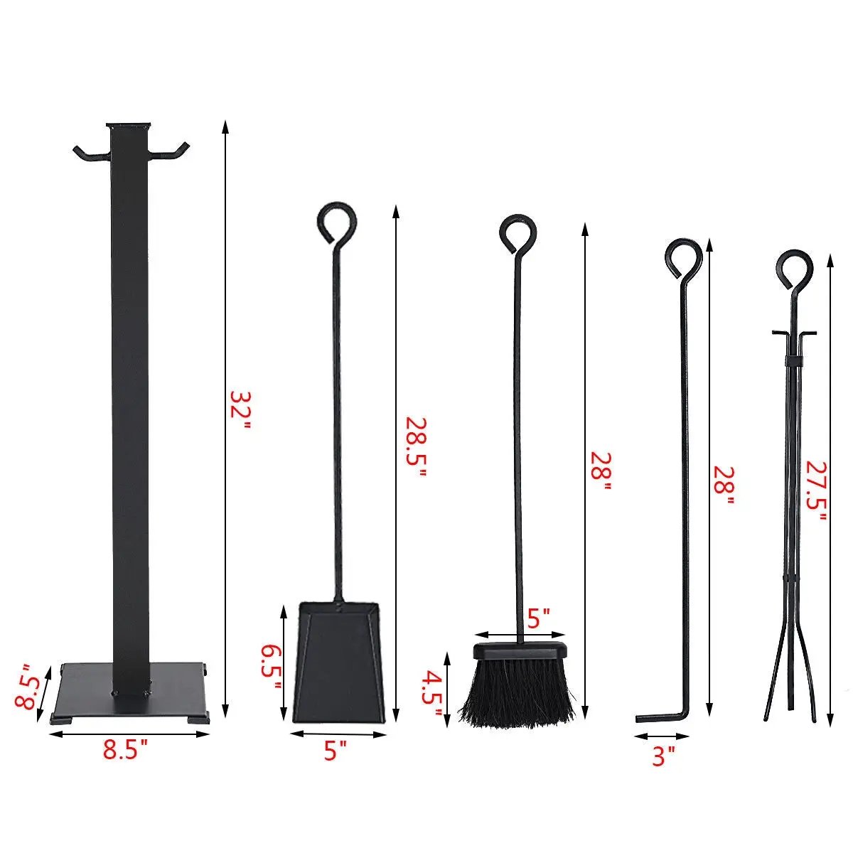 5 Piece Iron Fireplace Tool Set With Tongs