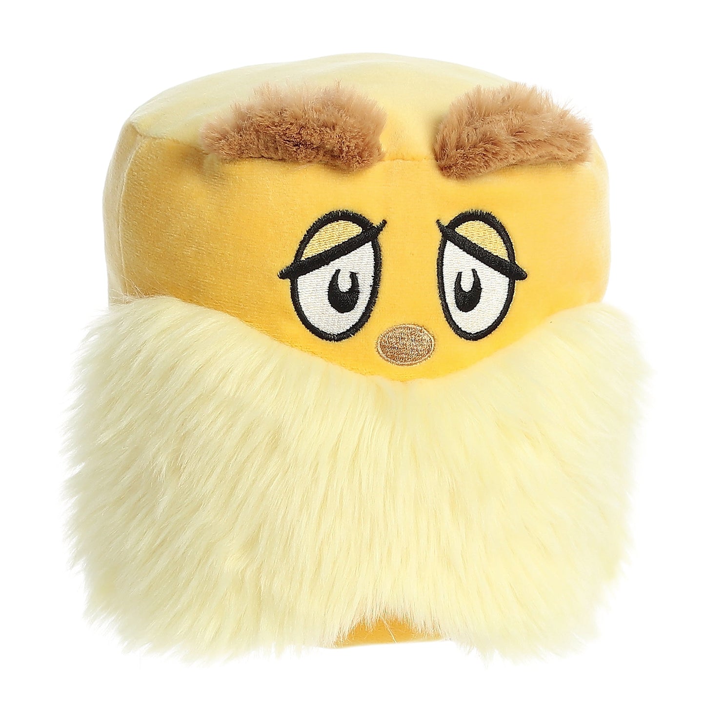 Dr Seuss Mallows plush bean bag figure yellow face with brown fuzzy brows white fur trim on Tampa Home & Garden Store