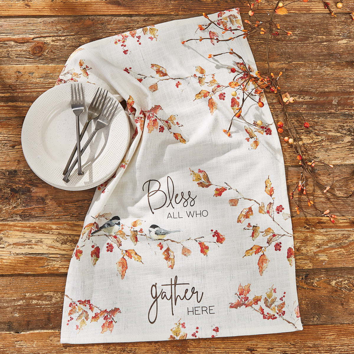 Park Designs Fall Blessings dish towel white cotton with autumn leaves pattern on Tampa Home & Garden Store