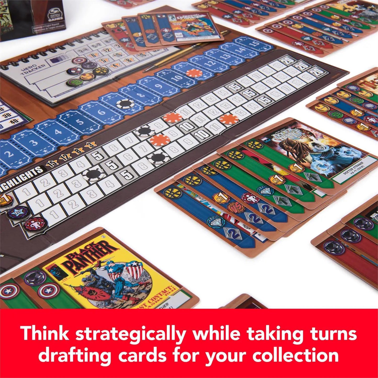 Marvel Comic Hunters Strategy Card Game board with blue track, hero cards and trackers on Tampa Home & Garden Store
