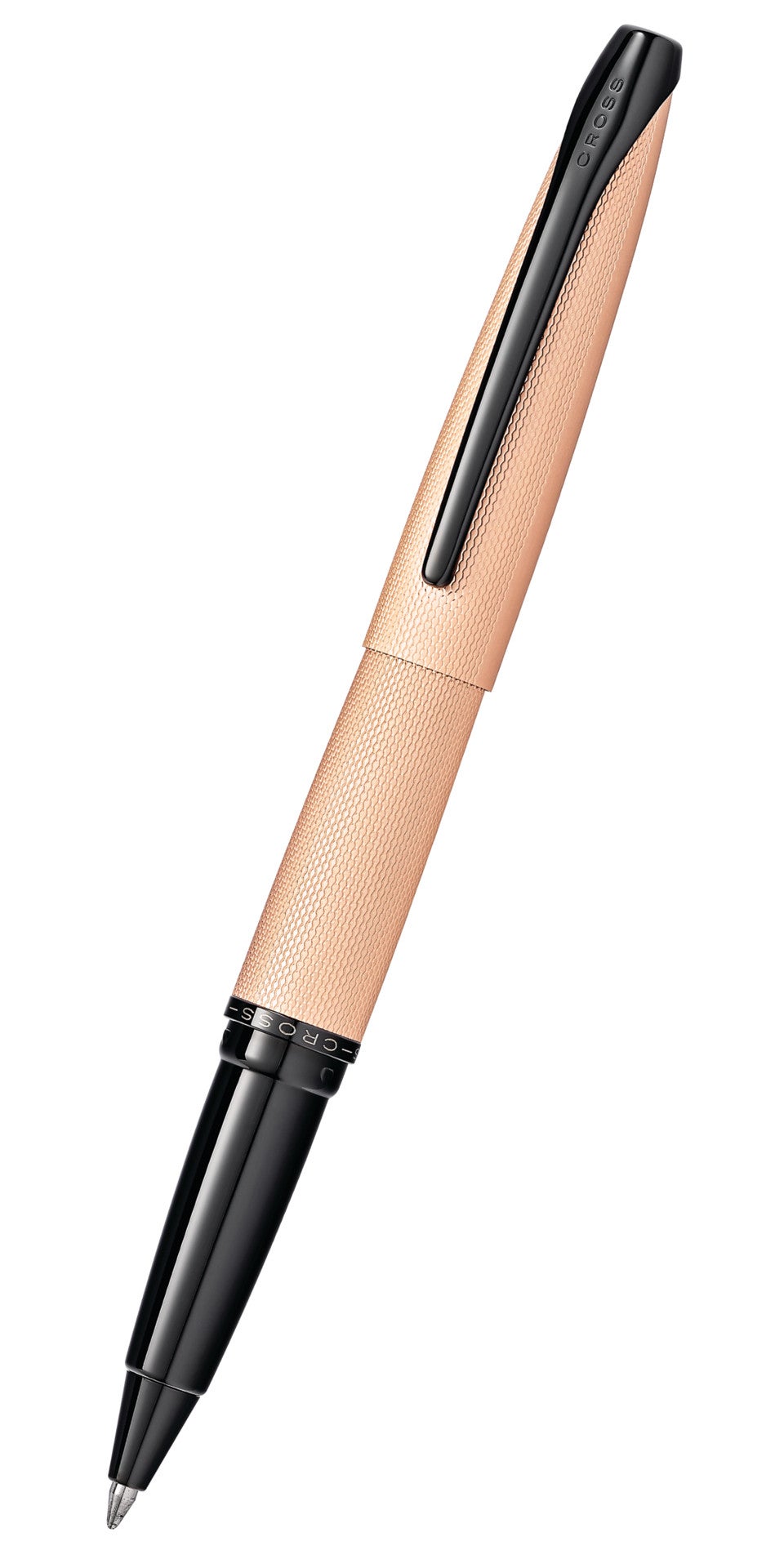ATX Brushed Rose Gold Rollerball Pen, A.T. Cross, rose gold textured body with black clip on Tampa Home & Garden Store