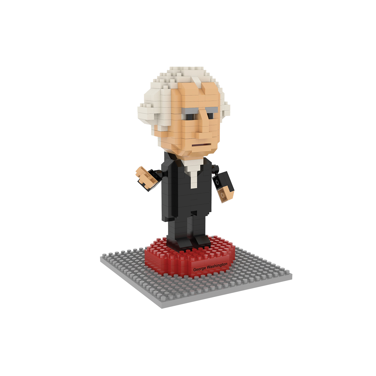 Mini building blocks George Washington figure with white wig in black suit on red pedestal on Tampa Home & Garden Store