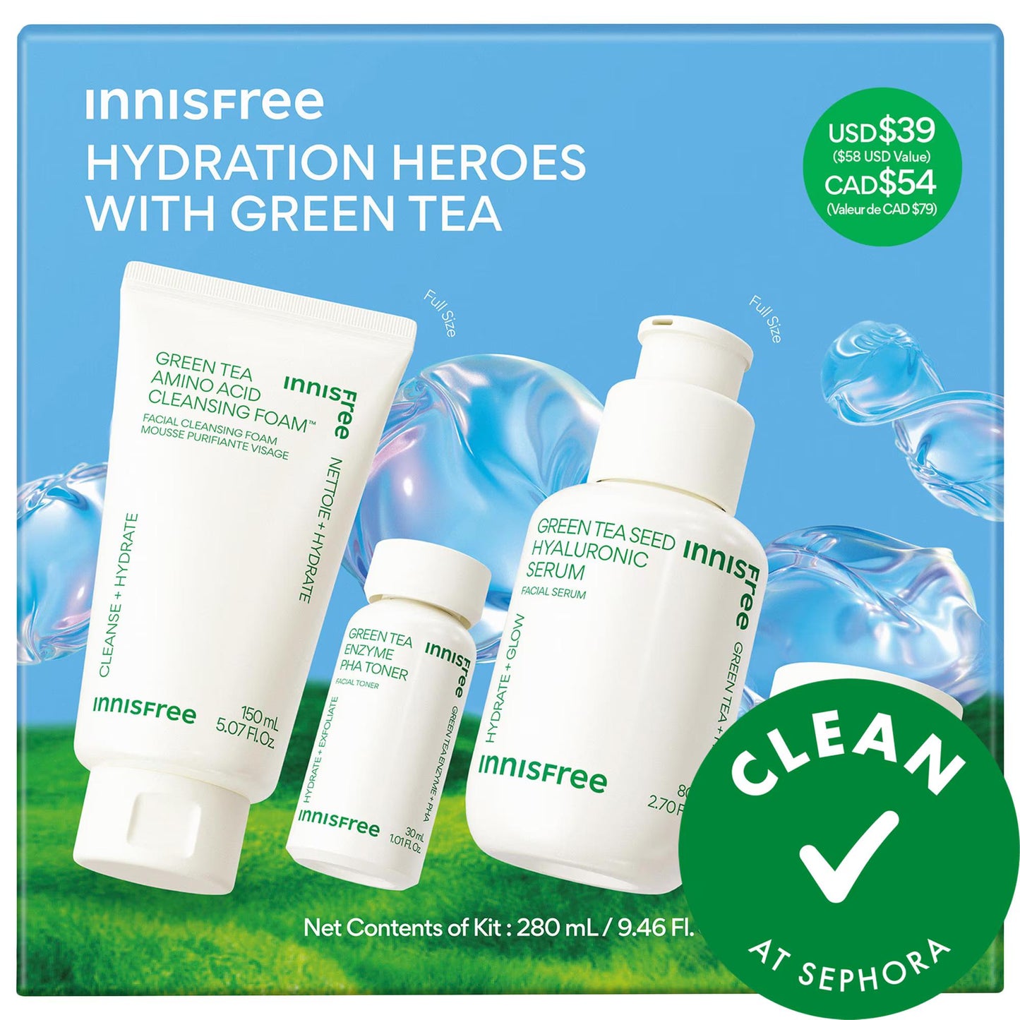 Innisfree Green Tea Hydration Heroes hyaluronic skincare set with white bottles in a blue box on Tampa Home & Garden Store