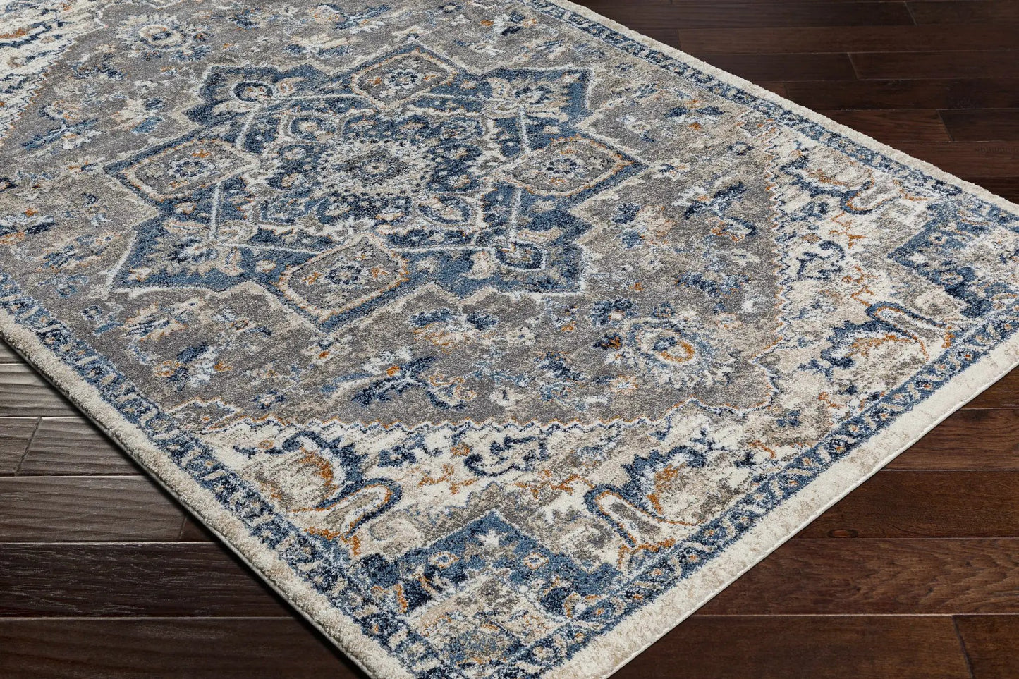 Taligaman Thick Luxe Rug in polypropylene, blue-gray with ivory and orange accents on Tampa Home & Garden Store