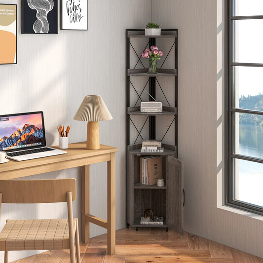 Tall corner storage cabinet with a 3-tier shelf and enclosed cabinet in dark wood on Tampa Home & Garden Store
