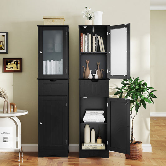 Armario de Almacenamiento Alto para Baño con 2 Puertas y 1 Cajón - Negro