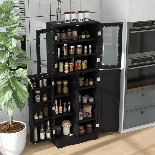 Alacena de cocina alta con puertas dobles de vidrio templado y estantes - Negra