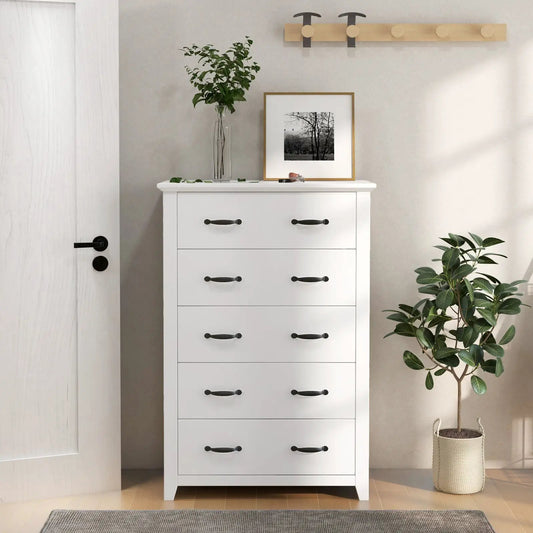 Tall white storage dresser with 5 drawers and black handles on Tampa Home & Garden Store