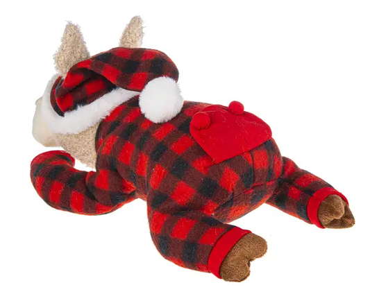 Festive pajama llama plush in red plaid union suit with white fur trim on Tampa Home & Garden Store