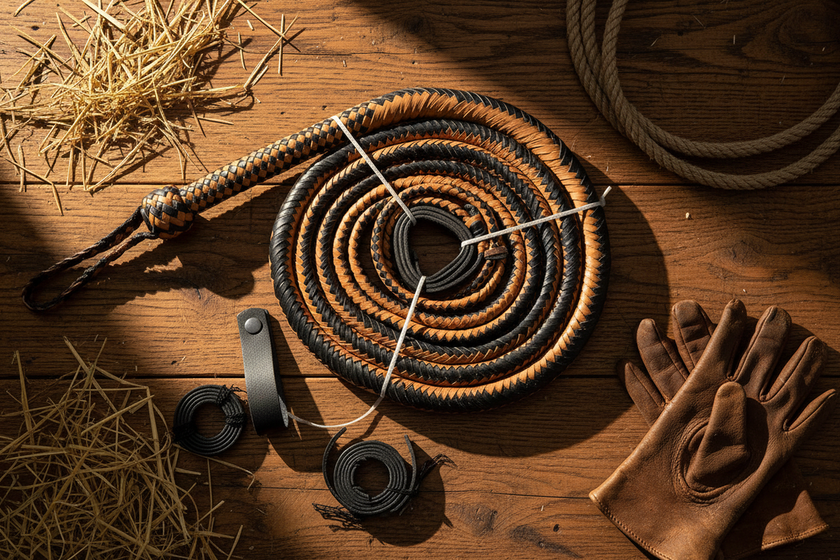 Bullwhip, genuine cowhide tan & black with braided handle, Frontier Cowboy Gear stock whip on Tampa Home & Garden Store