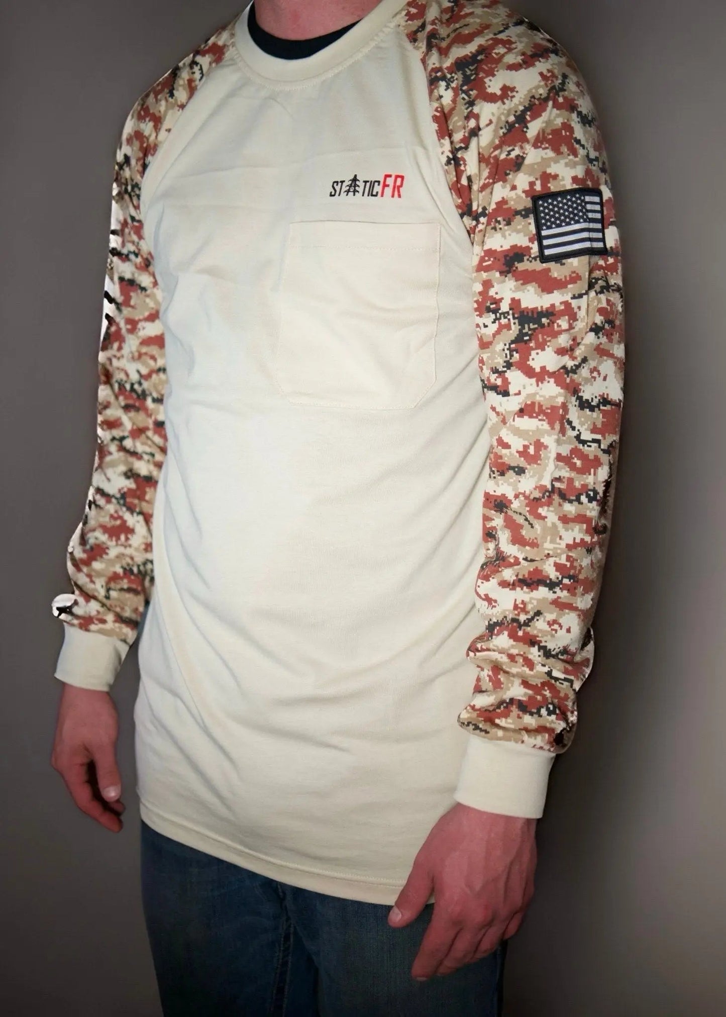 Static FR Digital Camo Tan/Black shirt with cream body, camo sleeves, chest pocket on Tampa Home & Garden Store