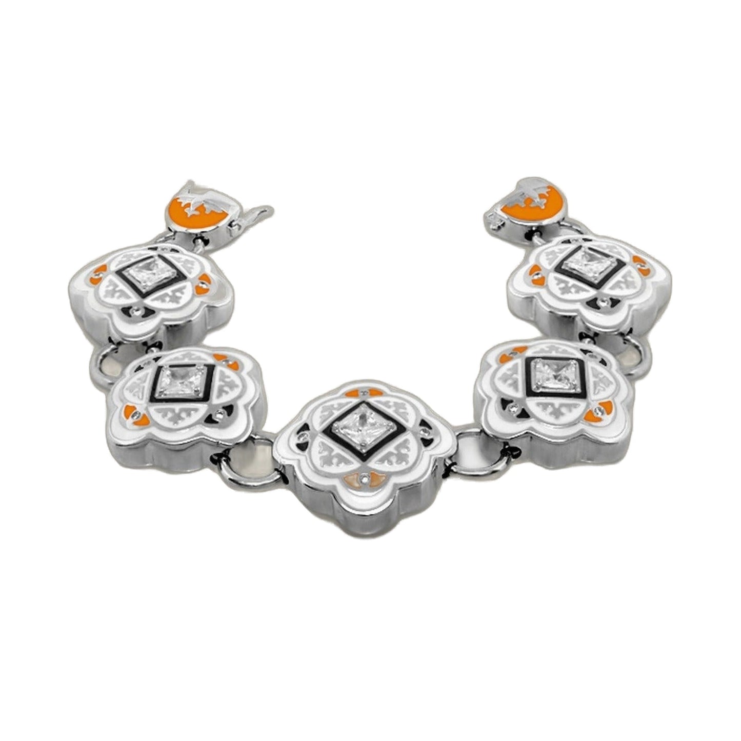 Mandarine Oriental enamel bracelet by Lauren G Adams, orange enamel floral links with crystals on Tampa Home & Garden Store