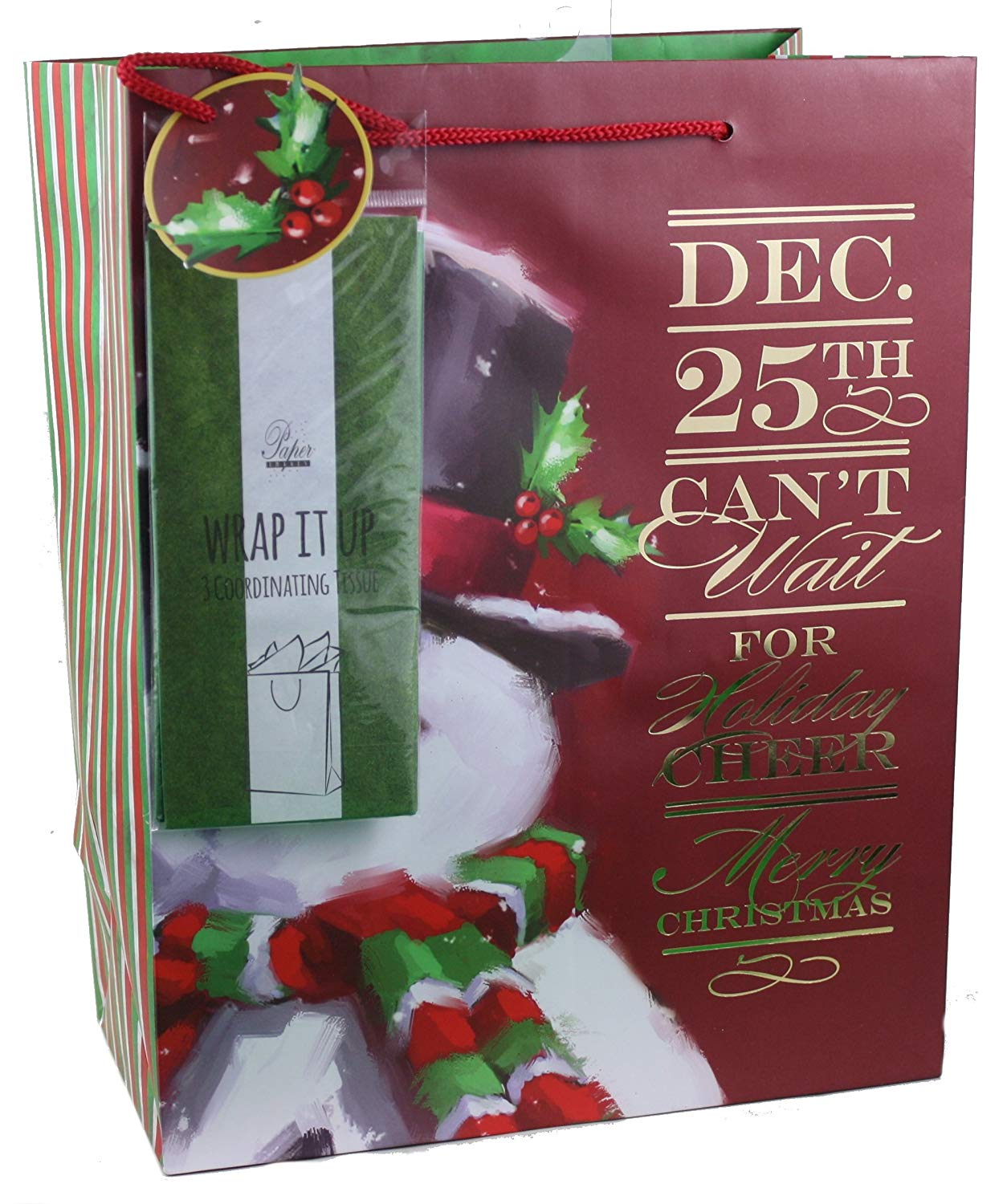 Large burgundy gift bag with tissue, gold holiday script, red cord handles striped sides The Country Christmas Loft on Tampa Home & Garden Store