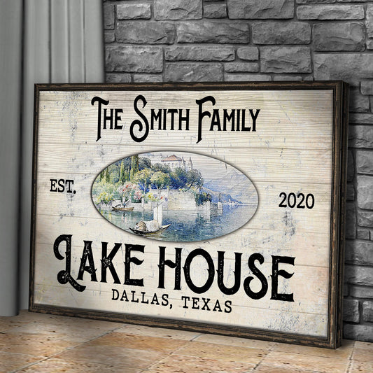 Canvas sign The Smith Family Lake House with rustic wood frame EST 2020 Dallas Texas on Tampa Home & Garden Store