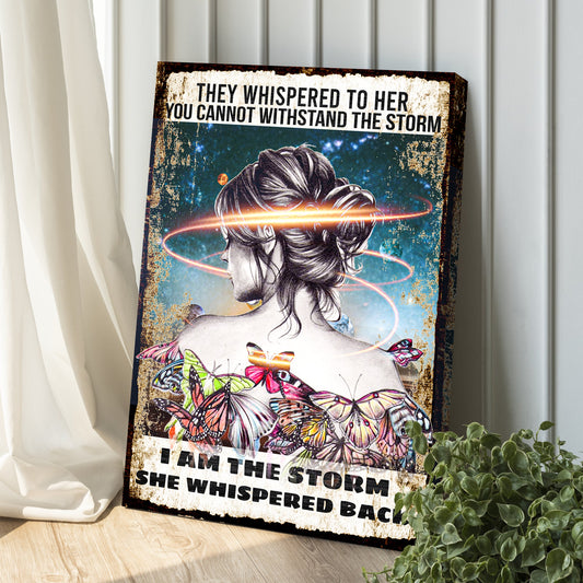 I Am The Storm Sign II canvas by Tailored Canvases with aged border and butterfly art on Tampa Home & Garden Store