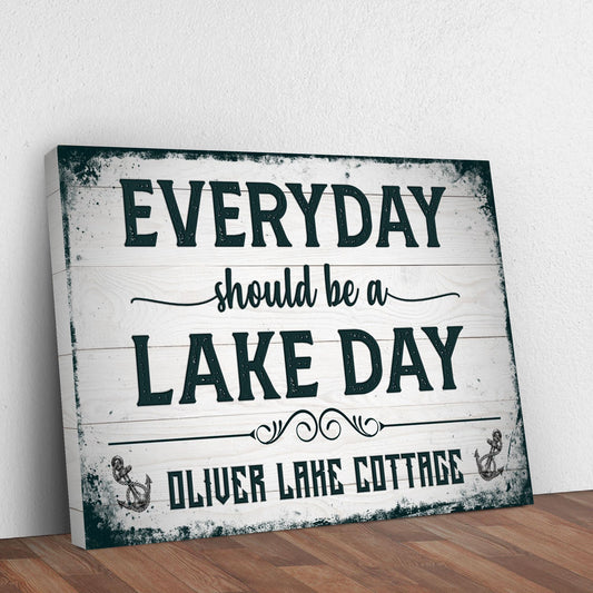Canvas sign Everyday Should Be A Lake Day by Tailored Canvases white wood and teal lettering on Tampa Home & Garden Store