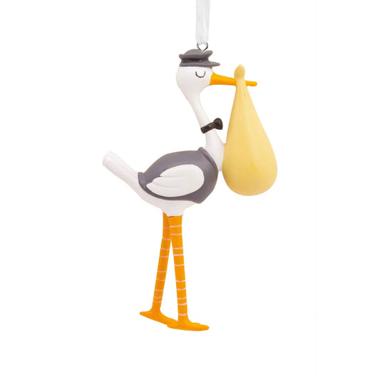 Hallmark Hello Sweet Babe Stork Ornament white stork with gray hat carrying yellow bundle on Tampa Home & Garden Store