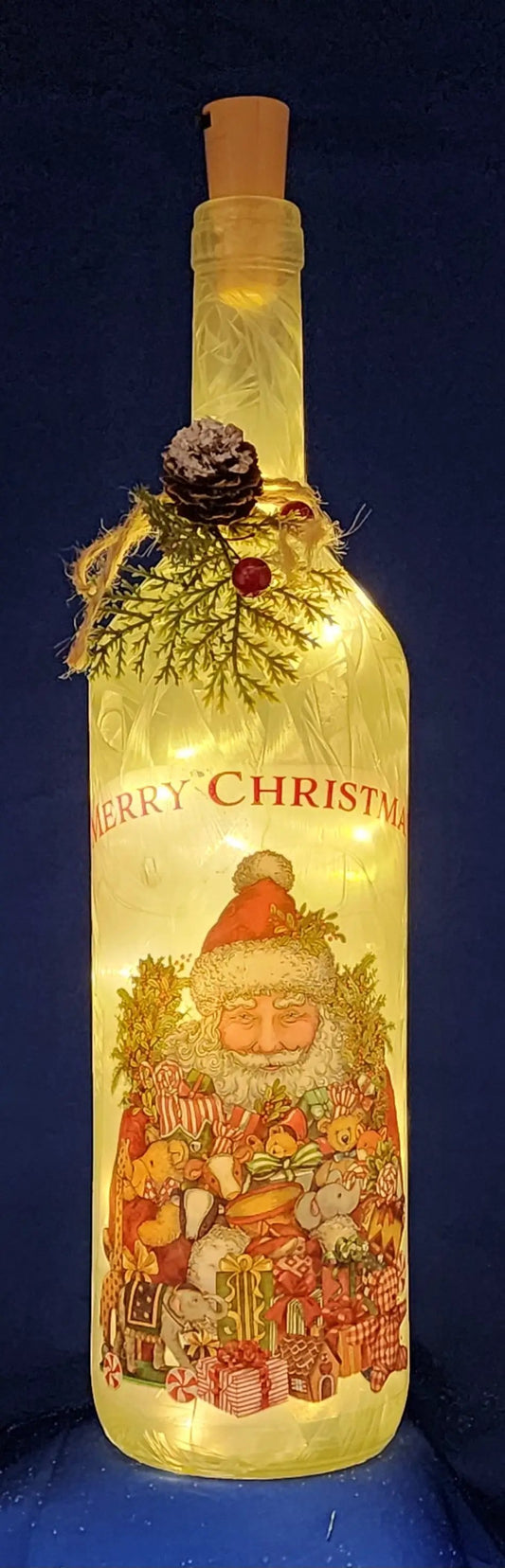 Lighted bottle luminary Santa, frosted bottle, 14in, warm glow, The Country Christmas Loft on Tampa Home & Garden Store