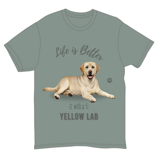 Life Is Better With a Yellow Lab T Shirt sage green unisex with dog graphic on Tampa Home & Garden Store