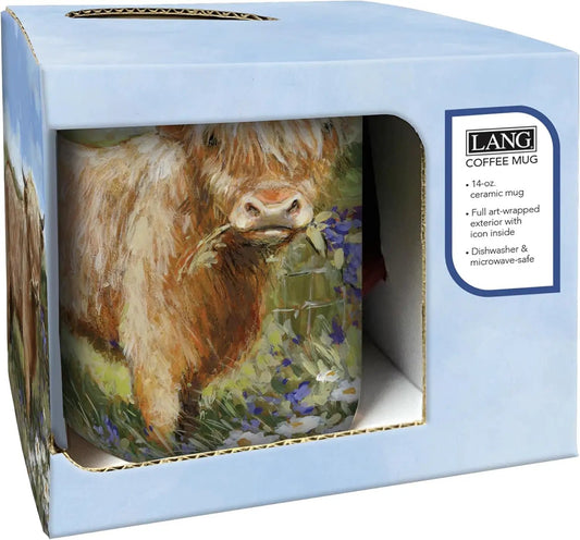 Highland Cow 14oz ceramic mug in blue gift box with Lang Coffee Mug logo and cow artwork on Tampa Home & Garden Store