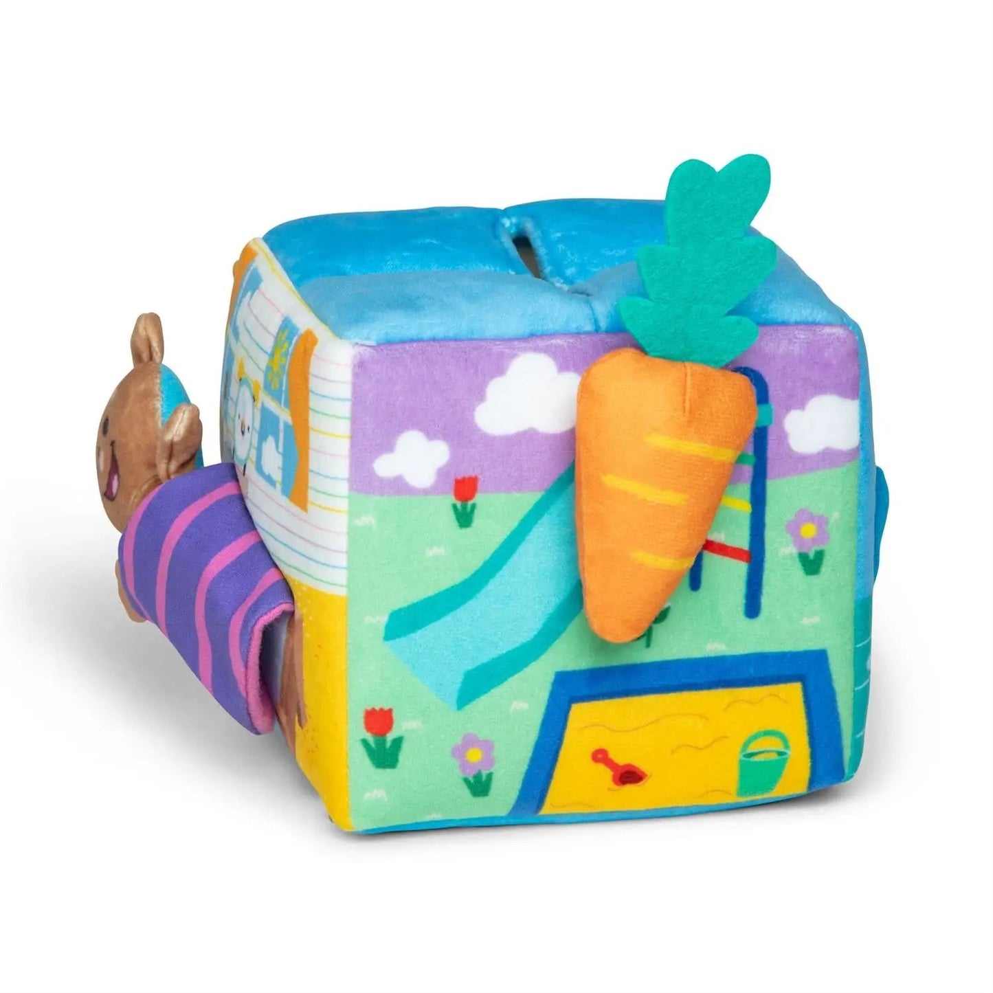 Ms Rachel Surprise Learning Box baby plush block toy with colorful sides and carrot accent on Tampa Home & Garden Store