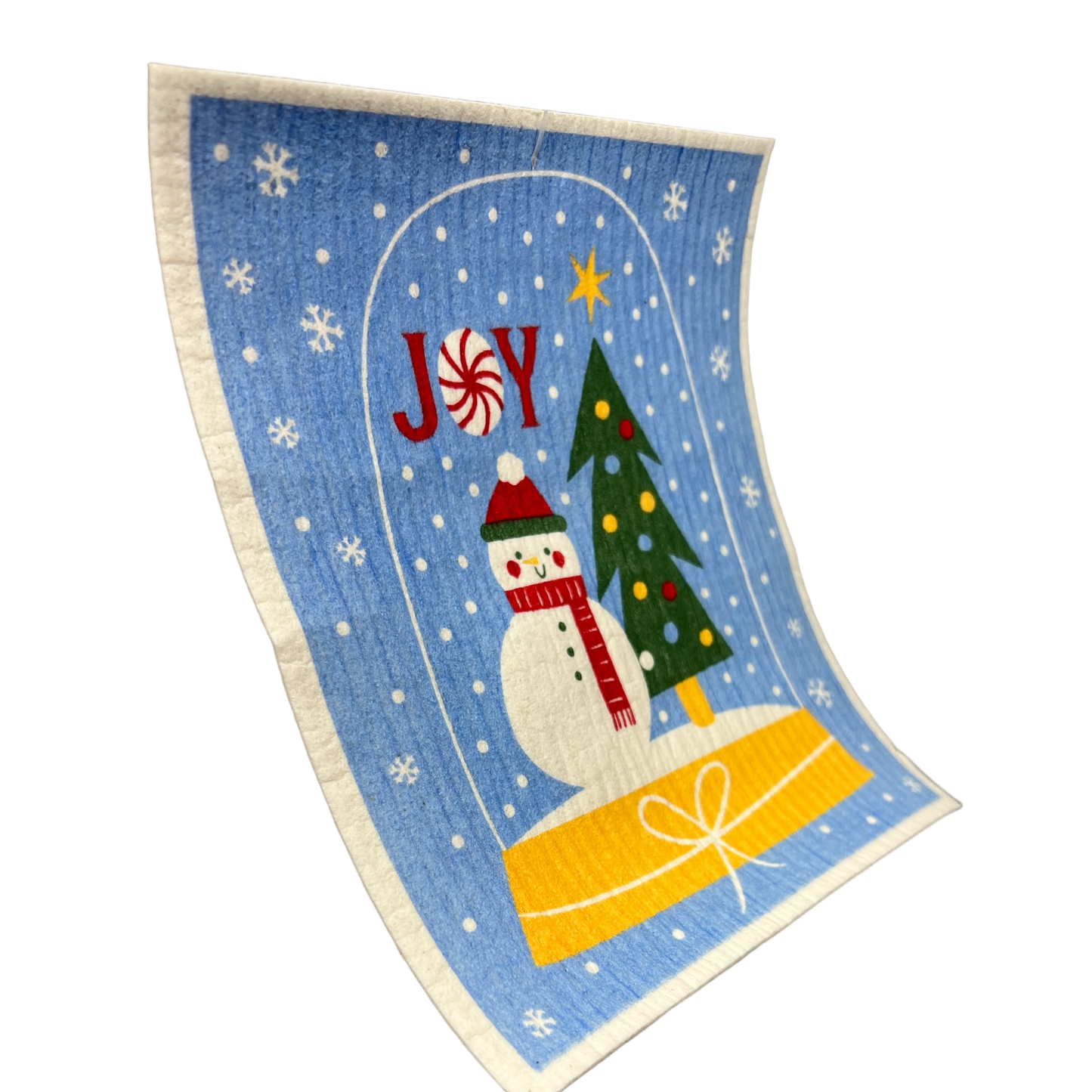 Swedish dish cloth Snowglobe Joy reusable blue towel with snowman and Christmas tree on Tampa Home & Garden Store