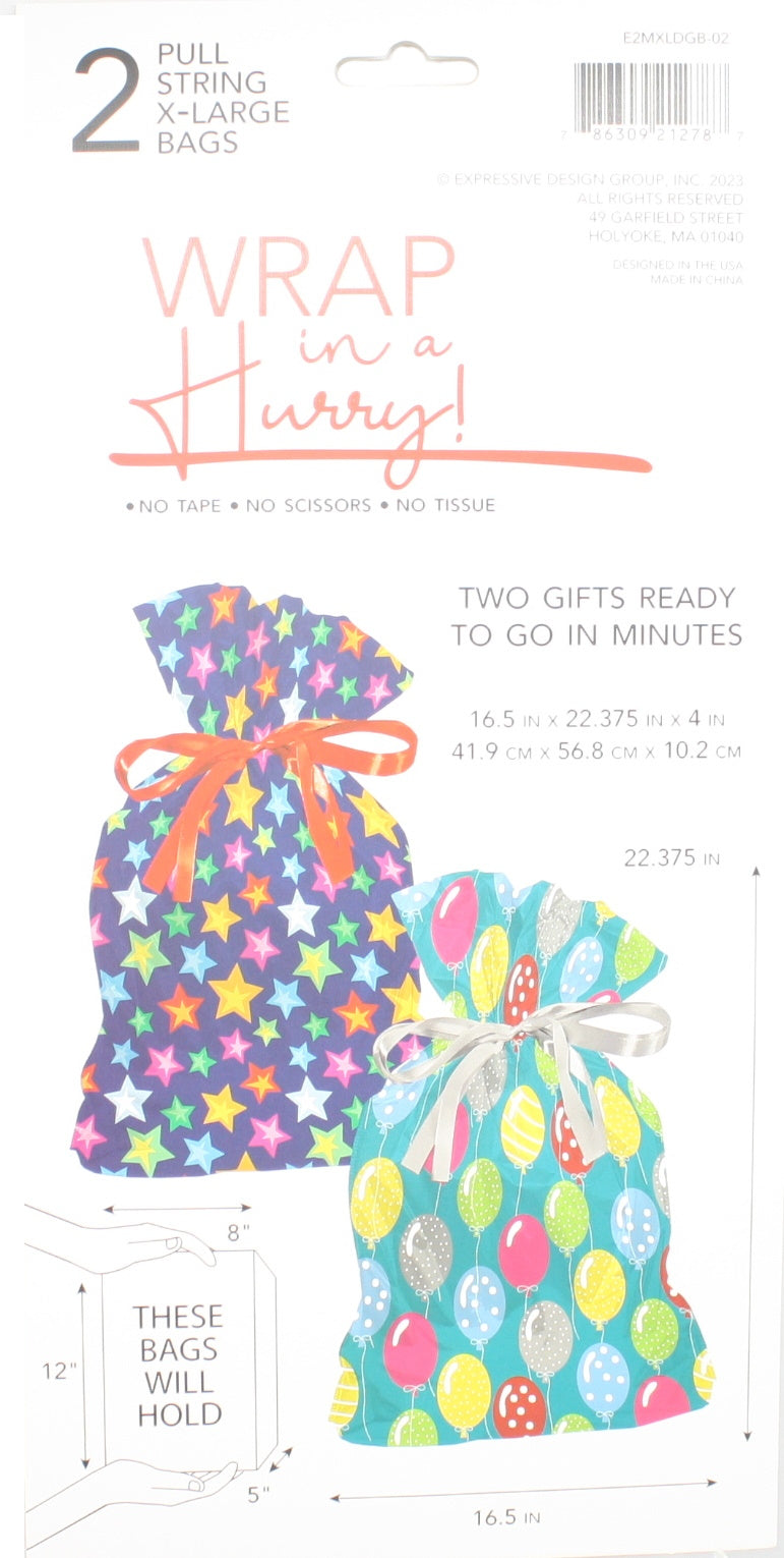 Extra Large Pull String Gift Bags set of 2, purple star-pattern and teal balloon-pattern bags on Tampa Home & Garden Store