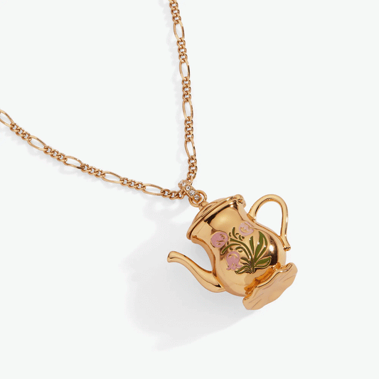Tea Party Kettle Locket Pendant Necklace by ALEX AND ANI in gold tone with floral enamel on Tampa Home & Garden Store