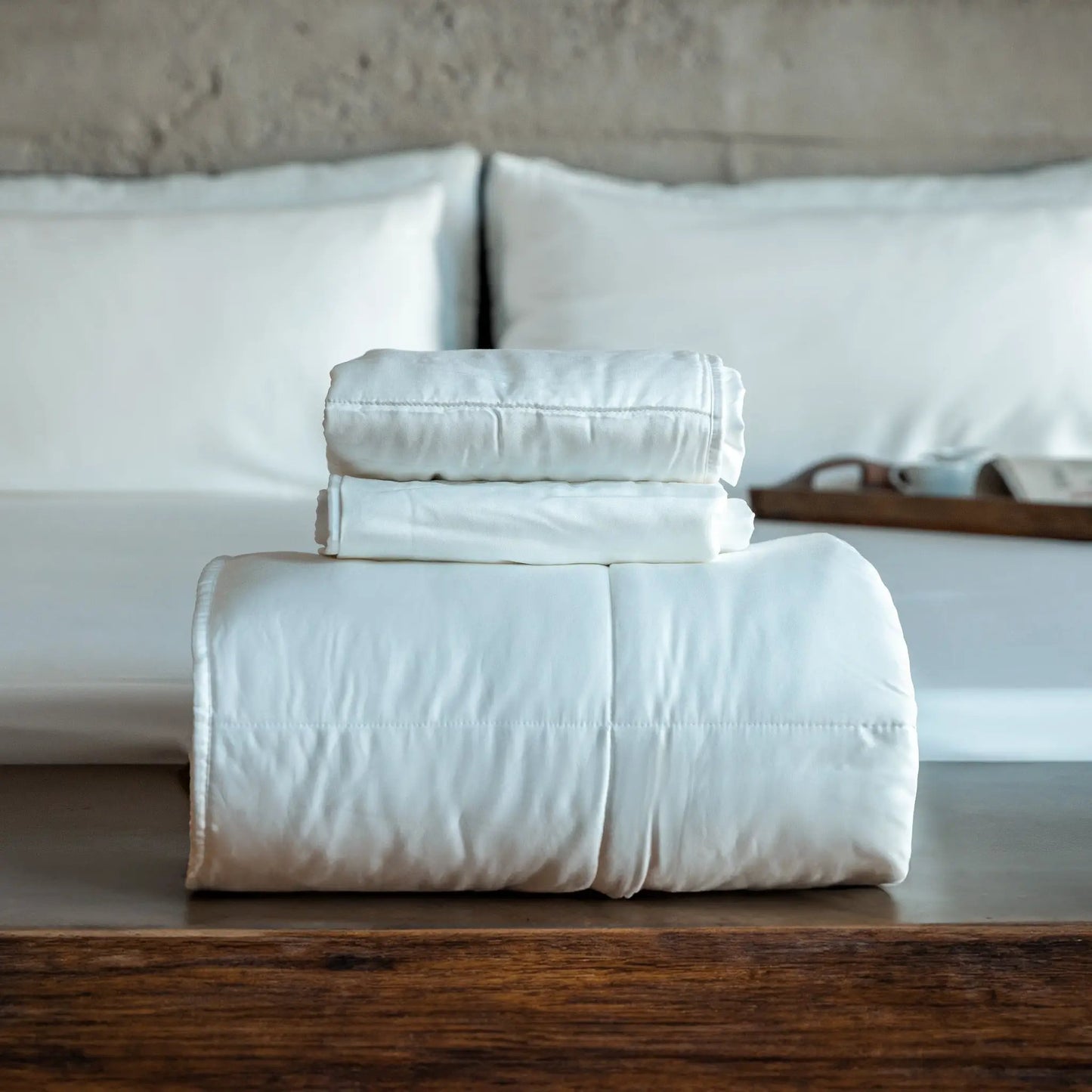 Cooling Eucalyptus Silk Comforter Set by ecobrands® 3-piece white bedding stack on Tampa Home & Garden Store