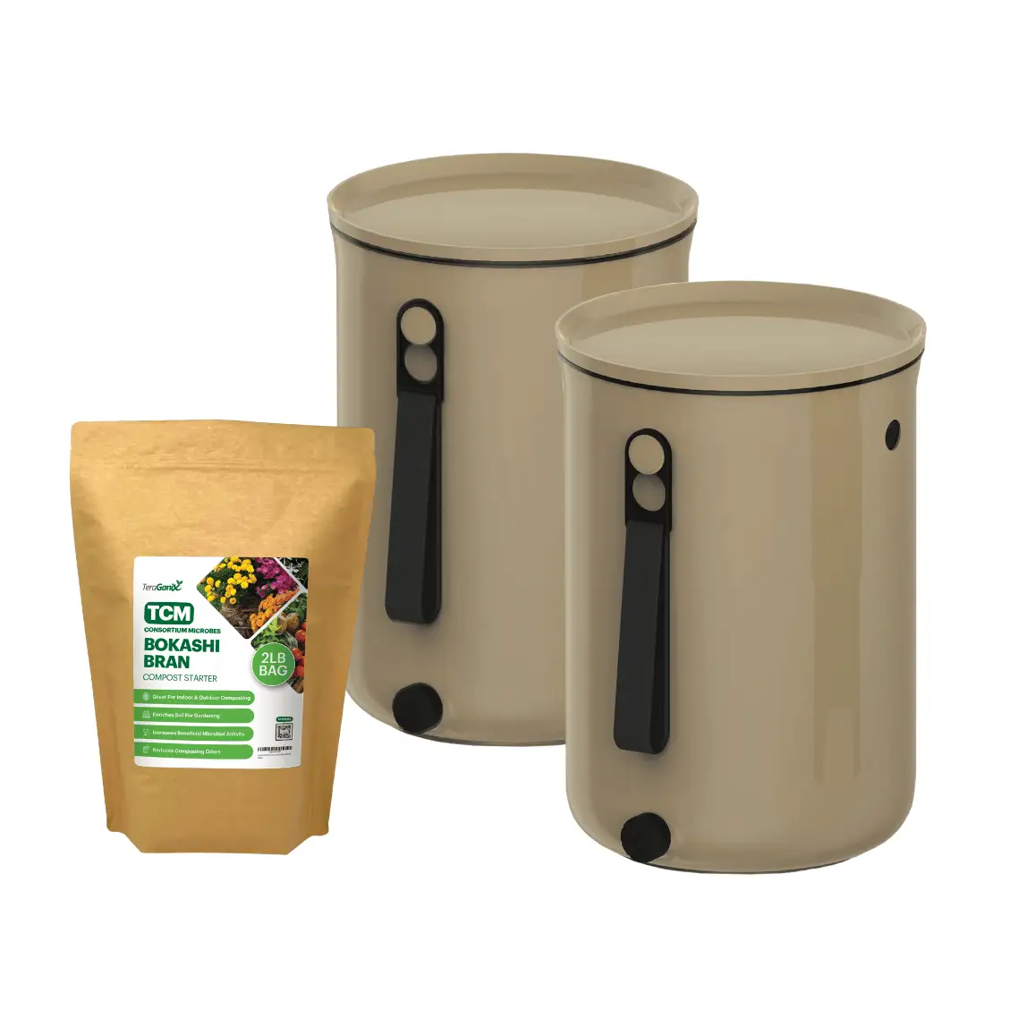 Two beige Bokashi kitchen compost bins with black handles and a TeraGanix Bokashi Bran bag on Tampa Home & Garden Store