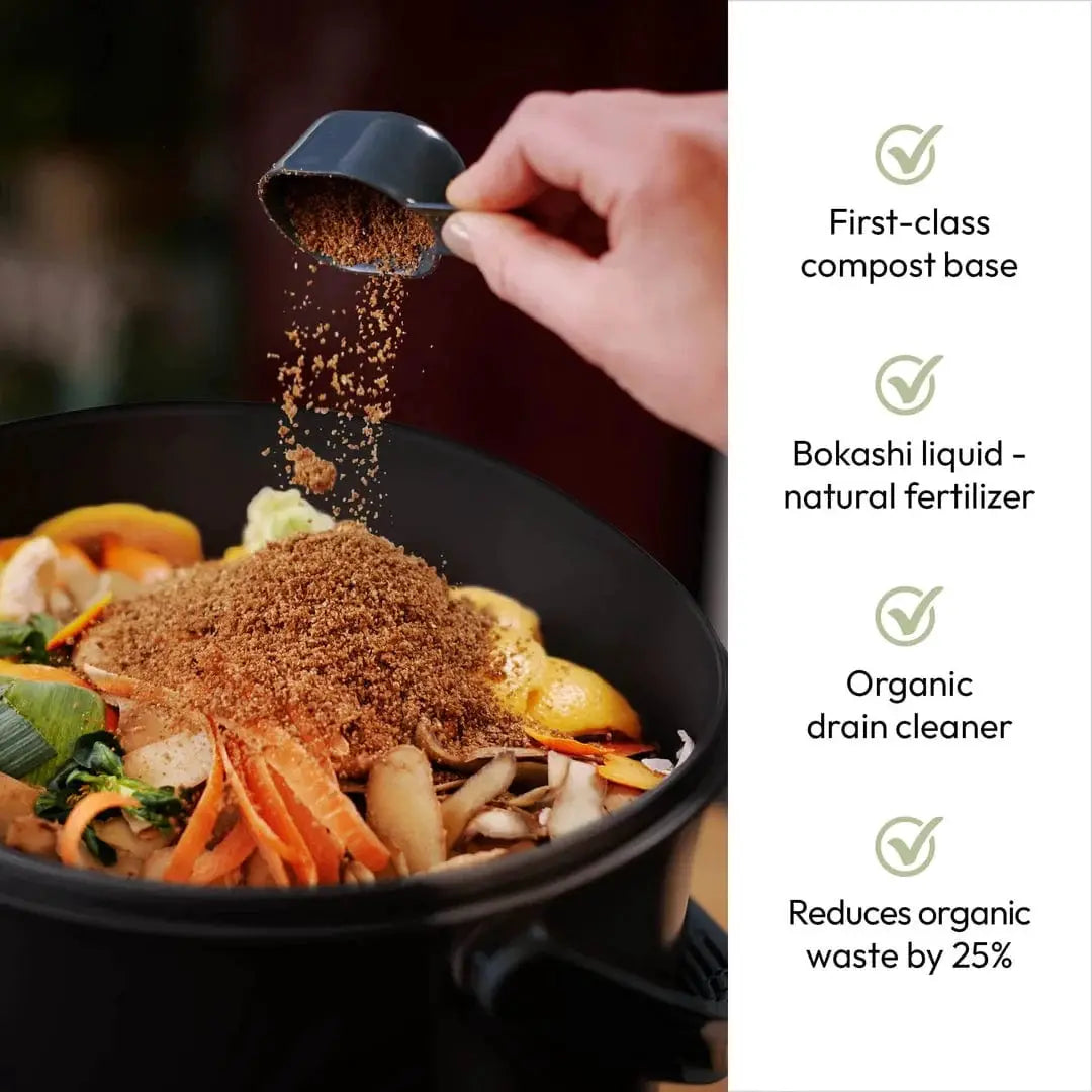 EM Premium Bokashi starter kit: brown bokashi powder over veggies in a pot by TeraGanix on Tampa Home & Garden Store
