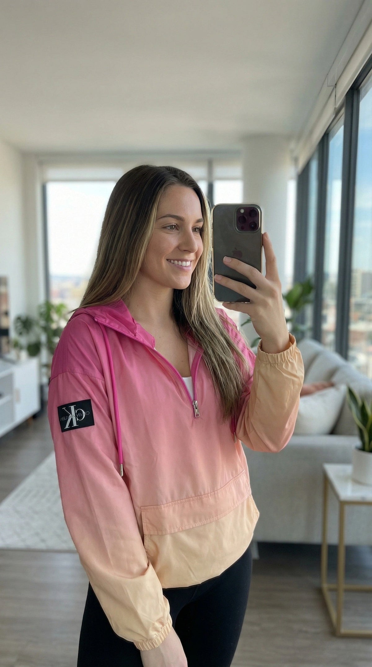 Calvin Klein Jeans ombre rain jacket, water-resistant hooded, pink-to-peach gradient, new with tags on Tampa Home & Garden Store