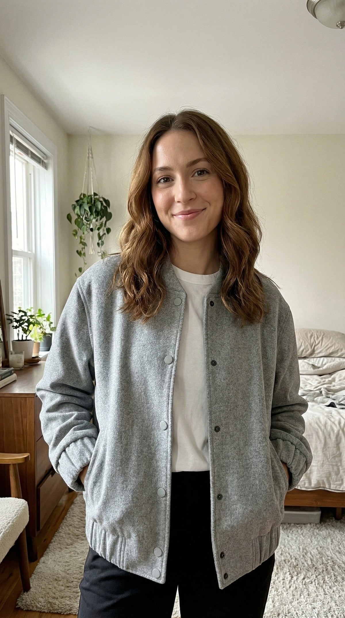Endless Rose Oversized Felt Varsity Jacket by Vanessa Jane in gray felt, new with tags on Tampa Home & Garden Store