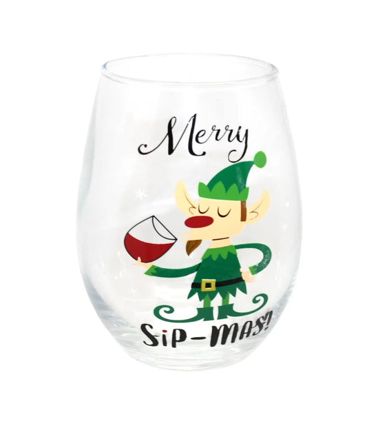 Holiday Mrs Claus Break wine glass stemless with festive elf carrying a drink, Merry Sip-mas on Tampa Home & Garden Store