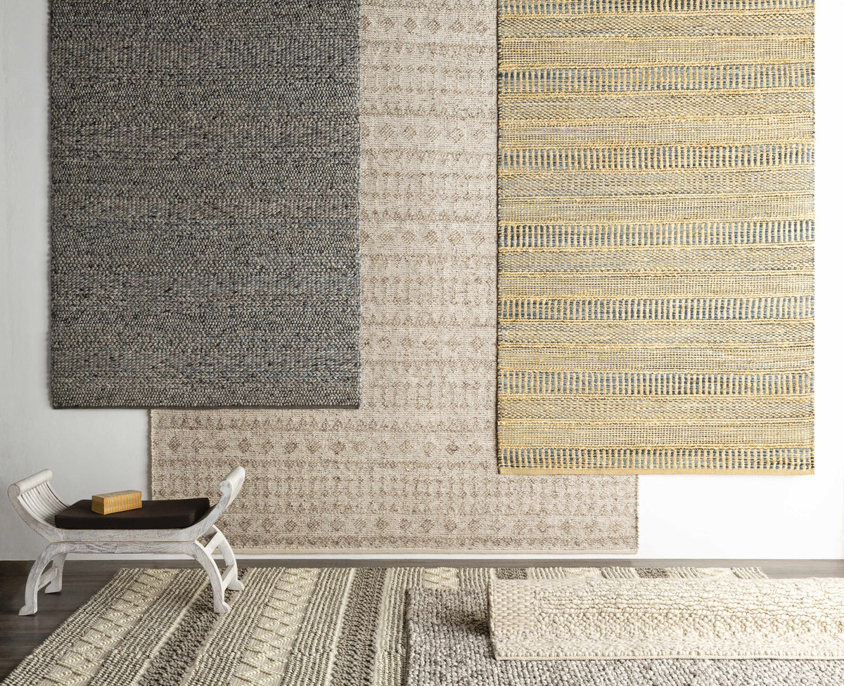 Argonne Area Rug swatches: three dark gray, light gray, beige striped from Boutique Rugs on Tampa Home & Garden Store