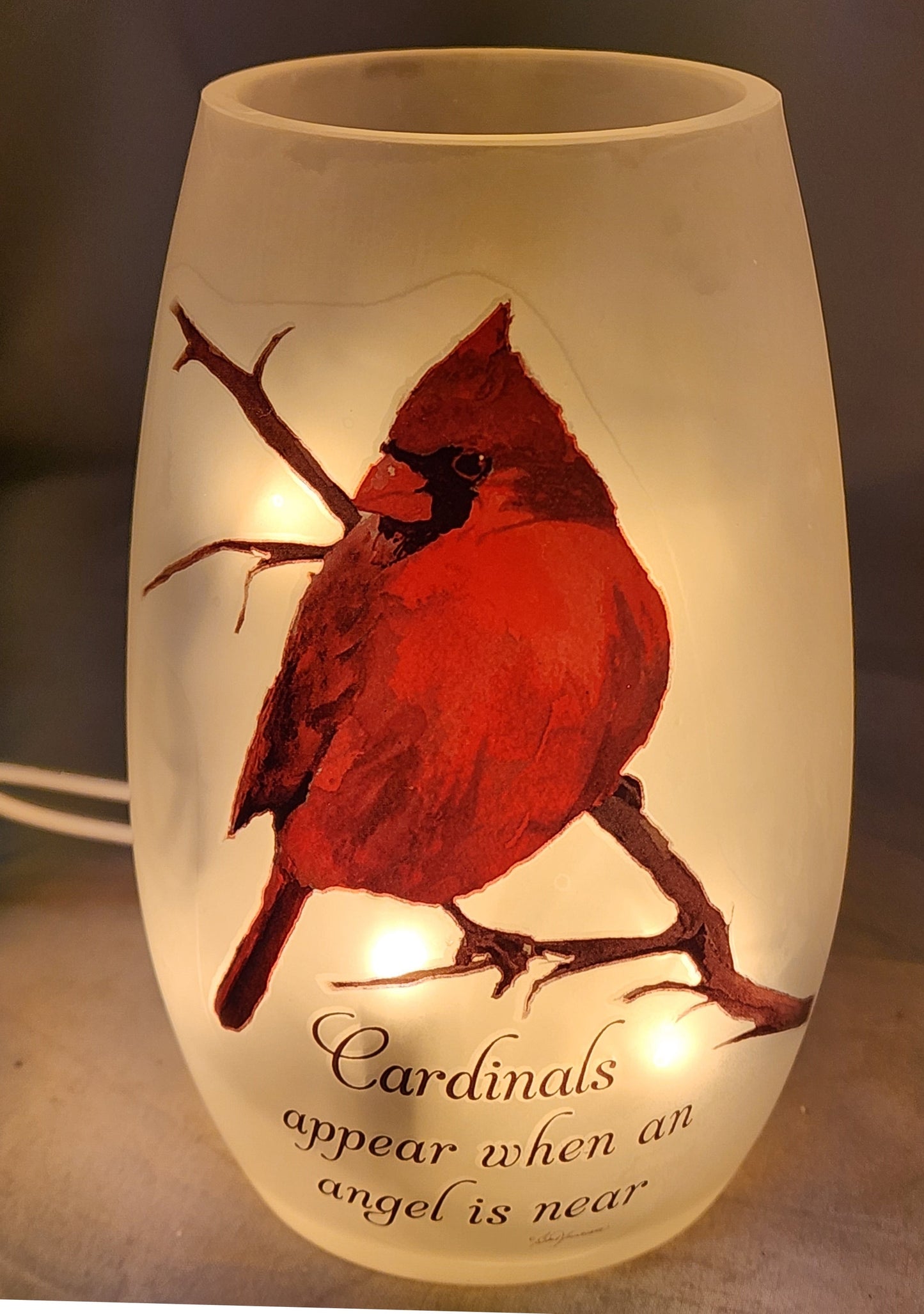 Lighted glass vase with winter cardinal, frosted glass, warm glow, The Country Christmas Loft on Tampa Home & Garden Store